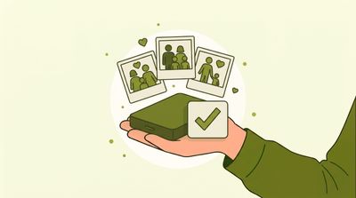 Illustration: Eine Hand hält schützend eine externe Festplatte, gerettete Familienfotos steigen auf – Datenrettung in Stuttgart