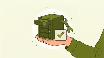 Illustration: Eine Hand trägt ein NAS mit vier Festplatten-Einschüben und grünem Haken – RAID- und NAS-Datenrettung in Stuttgart