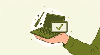 Illustration: Eine Hand trägt ein aufgeklapptes Notebook mit grünem Haken, daneben Schraubendreher – Notebook-Reparatur in Stuttgart